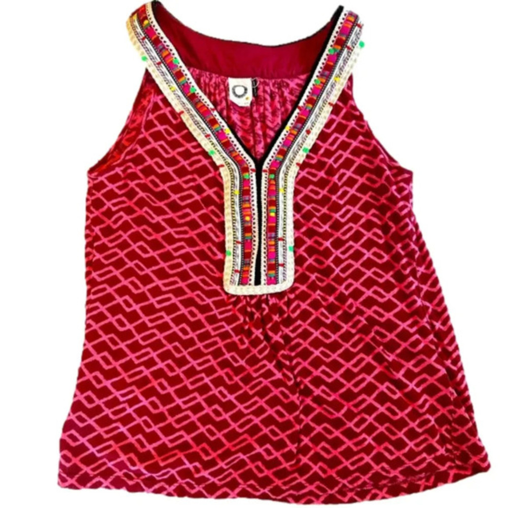 Akemi + Kin Anthropologie Linen Red & Pink Print Embroidered V-neck Tank Top S